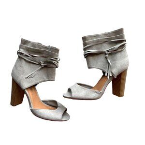 Leila Stone Gray Ankle Boots Heeled Sandals Side Zippers Wood Stacked Heel 9.5